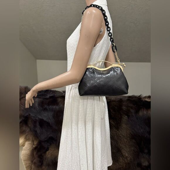 Black Quilted Genuine Lambskin  Double Kisslock Top Handle Bag & 2 Chain Styles - Picture 2 of 12